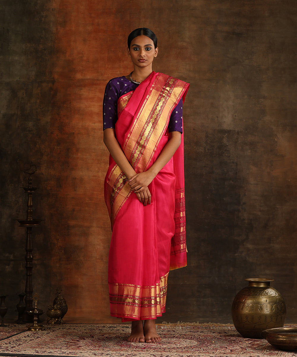 Handloom_Pink_Pure_Silk_Venkatagiri_Revival_Saree_With_Rudraksh_Petu_Border_WeaverStory_02