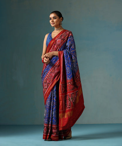 Handloom_Blue_Pure_Mulberry_Silk_Ikat_Patola_Saree_With_Red_Border_And_Palla_WeaverStory_02