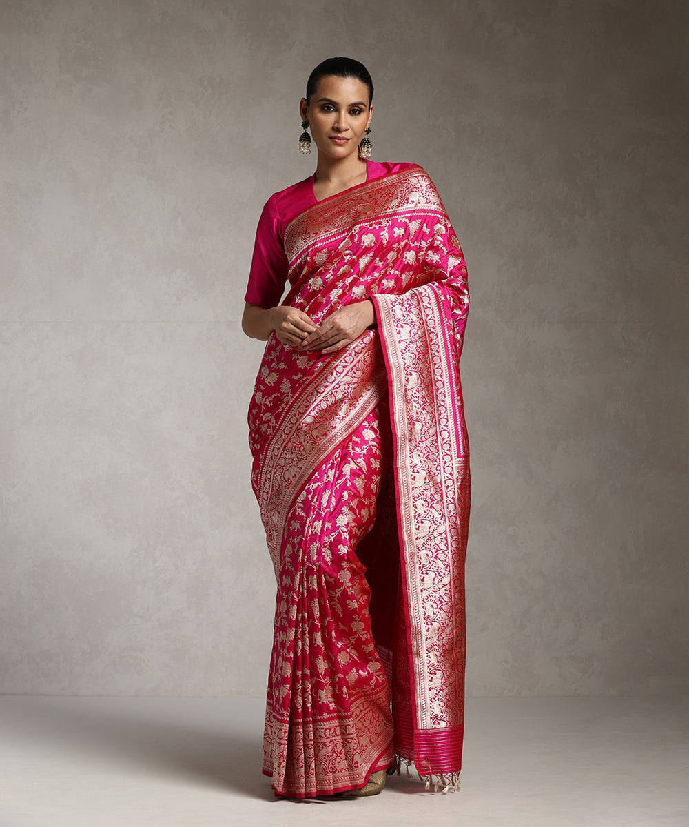 Handloom_Magenta_Pure_Zari_Kadhwa_Shikargah_Katan_Silk_Banarasi_Saree_WeaverStory_01