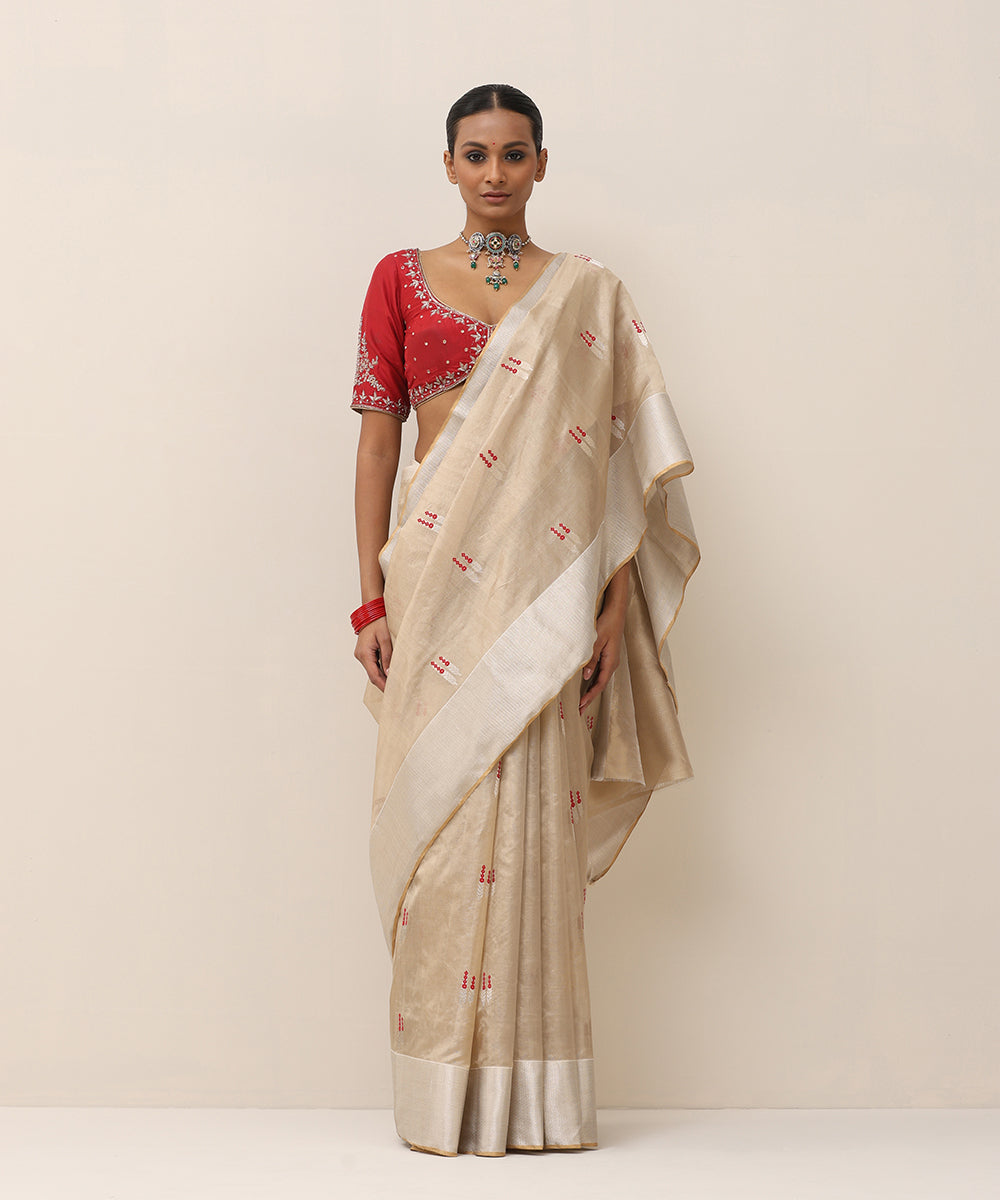 Handloom_Beige_Pure_Tissue_Chanderi_Saree_With_Red_Meenakari_Bootas_WeaverStory_01