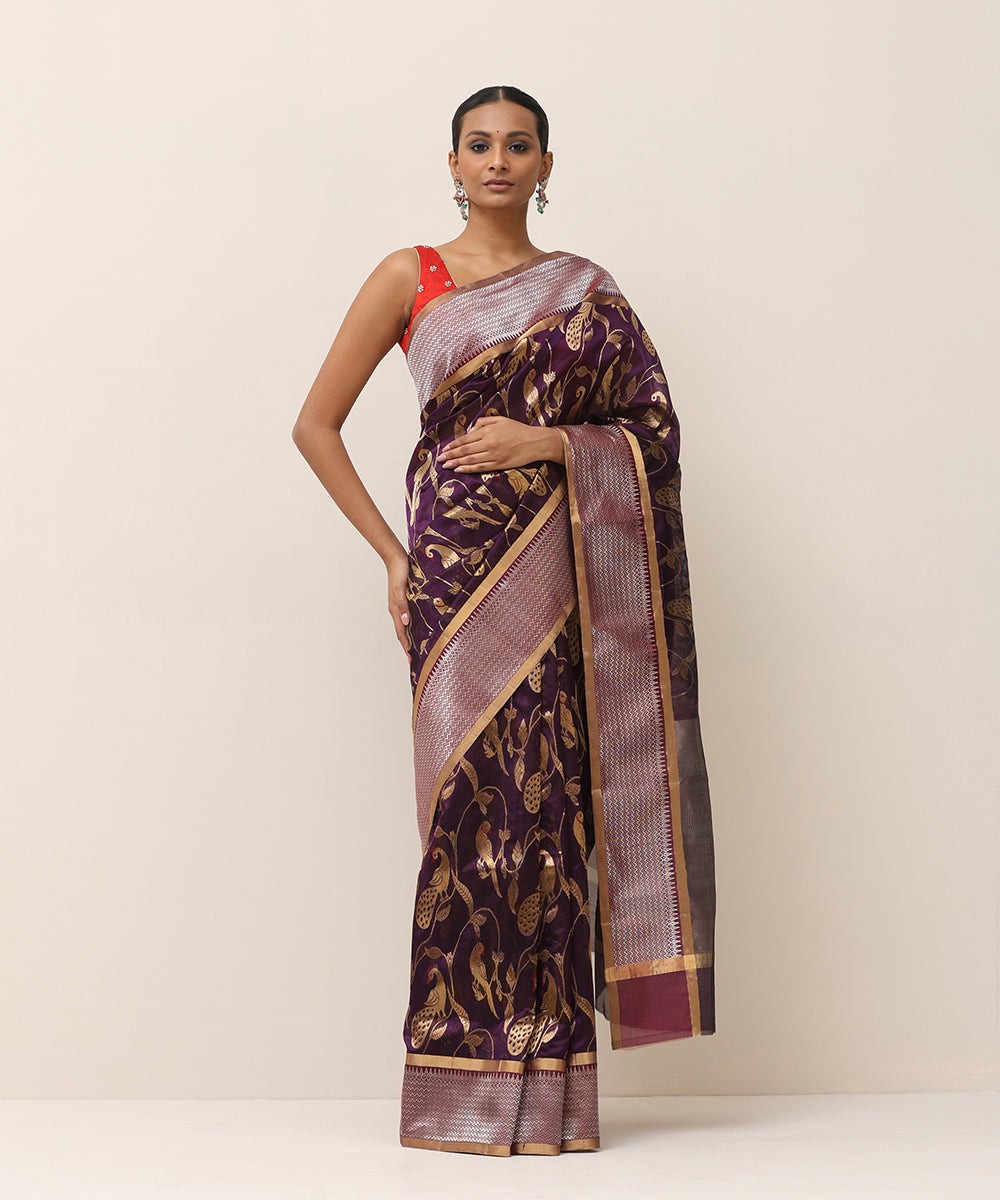 Purple_Handloom_Pure_Silk_Chanderi_Saree_With_Peacock_And_Parrot_Jaal_WeaverStory_01