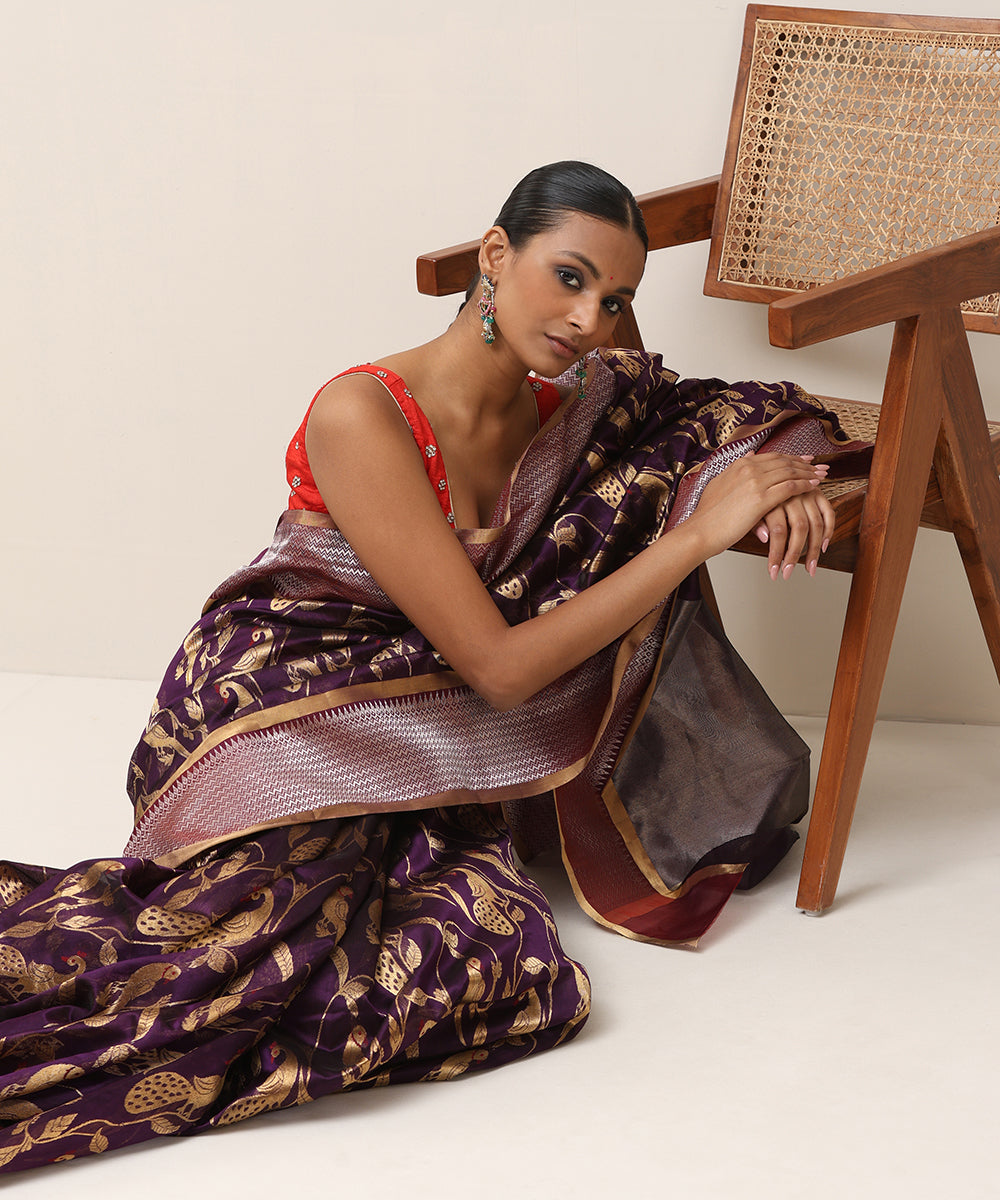 Purple_Handloom_Pure_Silk_Chanderi_Saree_With_Peacock_And_Parrot_Jaal_WeaverStory_02