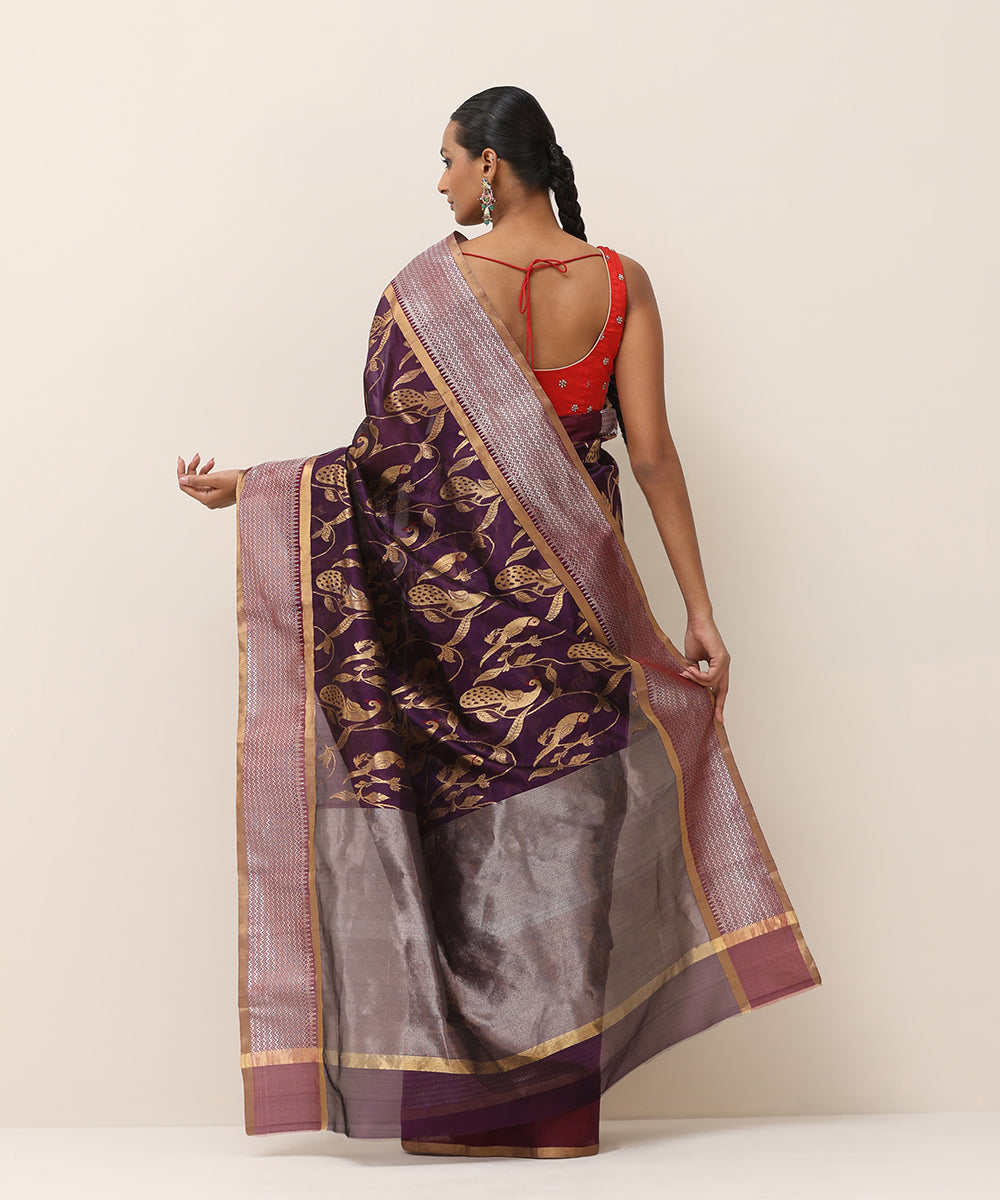 Purple_Handloom_Pure_Silk_Chanderi_Saree_With_Peacock_And_Parrot_Jaal_WeaverStory_03