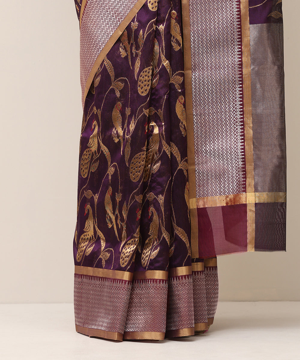 Purple_Handloom_Pure_Silk_Chanderi_Saree_With_Peacock_And_Parrot_Jaal_WeaverStory_04