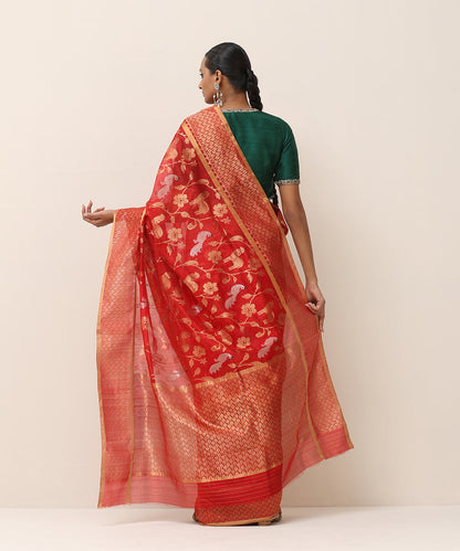 Red_Handloom_Pure_Silk_Chanderi_Saree_With_Shikargah_Jaal_WeaverStory_03