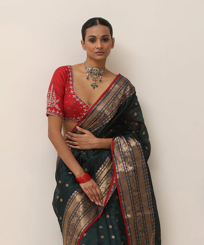 Black_Handloom_Pure_Silk_Chanderi_Saree_With_Antique_Zari_Border_And_Red_Selvedge_WeaverStory_02