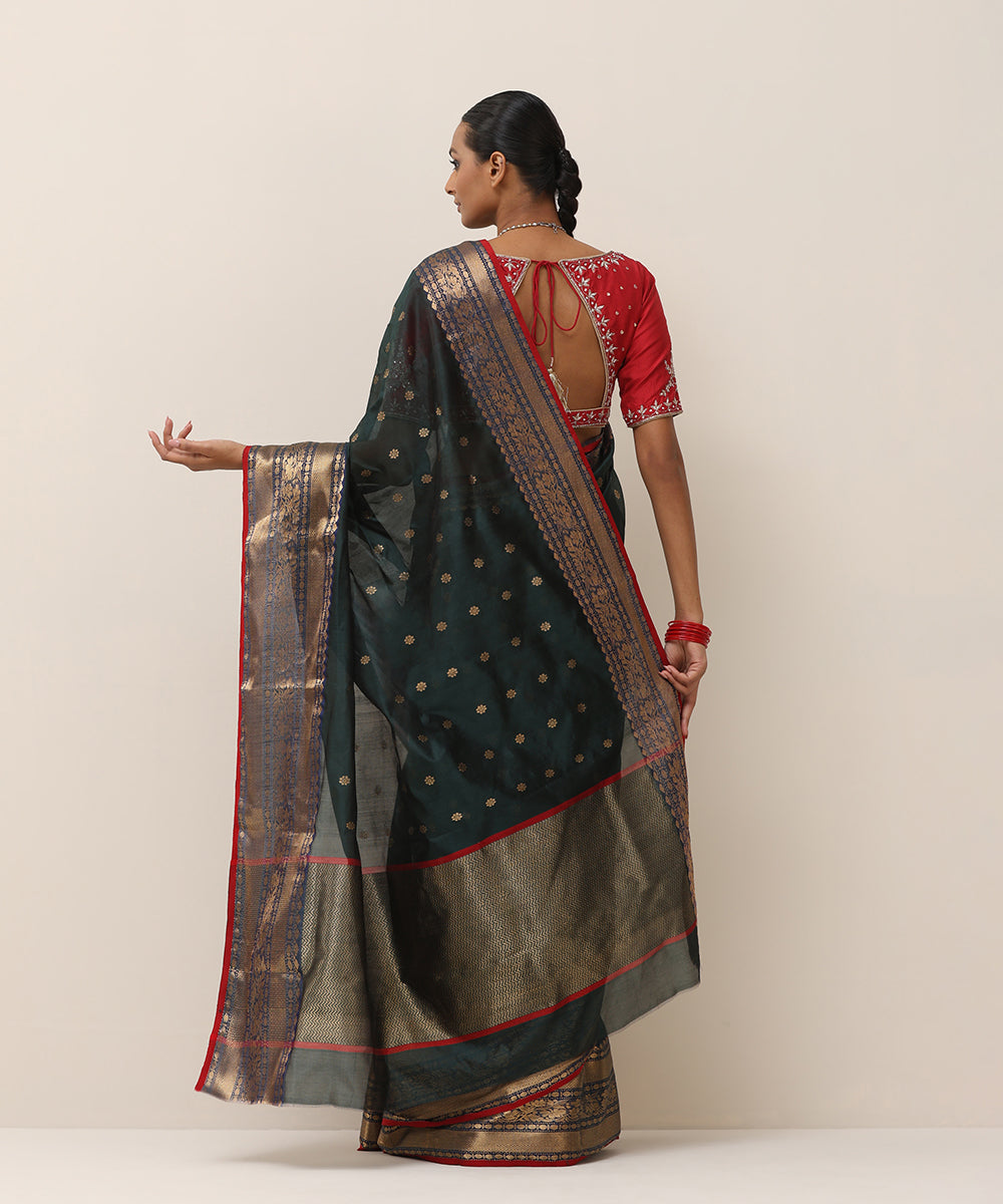 Black_Handloom_Pure_Silk_Chanderi_Saree_With_Antique_Zari_Border_And_Red_Selvedge_WeaverStory_03