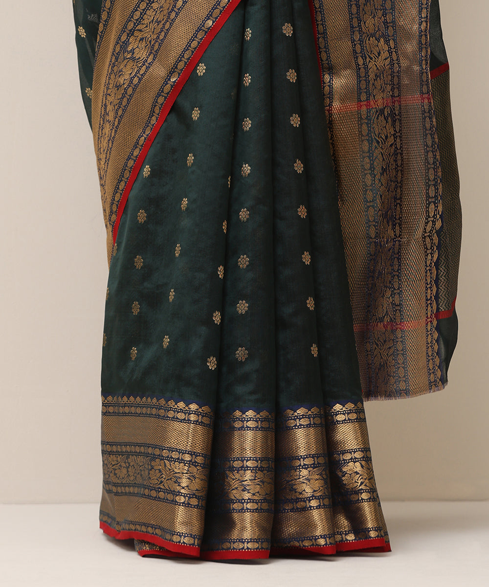 Black_Handloom_Pure_Silk_Chanderi_Saree_With_Antique_Zari_Border_And_Red_Selvedge_WeaverStory_04