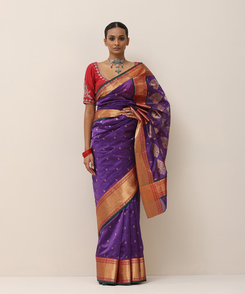 Handloom_Purple_Pure_Silk_Chanderi_Saree_With_Red_And_Golden_Zari_Border_With_Green_Selvedge_WeaverStory_01