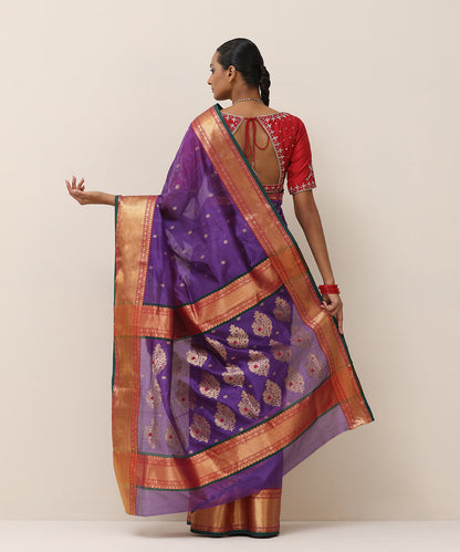 Handloom_Purple_Pure_Silk_Chanderi_Saree_With_Red_And_Golden_Zari_Border_With_Green_Selvedge_WeaverStory_03