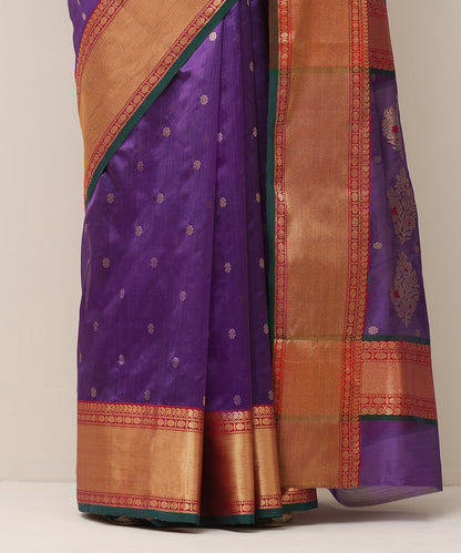 Handloom_Purple_Pure_Silk_Chanderi_Saree_With_Red_And_Golden_Zari_Border_With_Green_Selvedge_WeaverStory_04