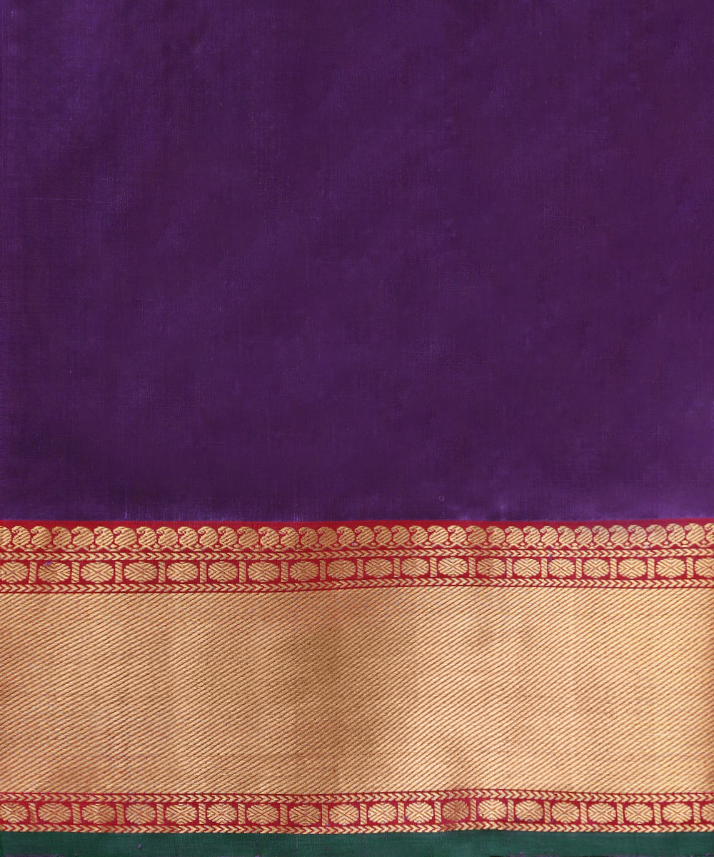 Handloom_Purple_Pure_Silk_Chanderi_Saree_With_Red_And_Golden_Zari_Border_With_Green_Selvedge_WeaverStory_05