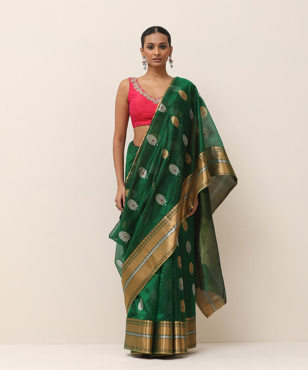 Bottle_Green_Handloom_Pure_Silk_Chanderi_Saree_With_Silver_And_Golden_Zari_Bootas_WeaverStory_01