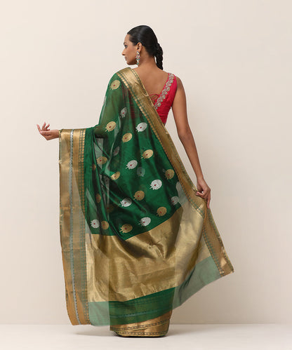 Bottle_Green_Handloom_Pure_Silk_Chanderi_Saree_With_Silver_And_Golden_Zari_Bootas_WeaverStory_03