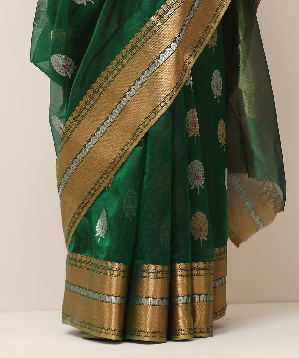 Bottle_Green_Handloom_Pure_Silk_Chanderi_Saree_With_Silver_And_Golden_Zari_Bootas_WeaverStory_04