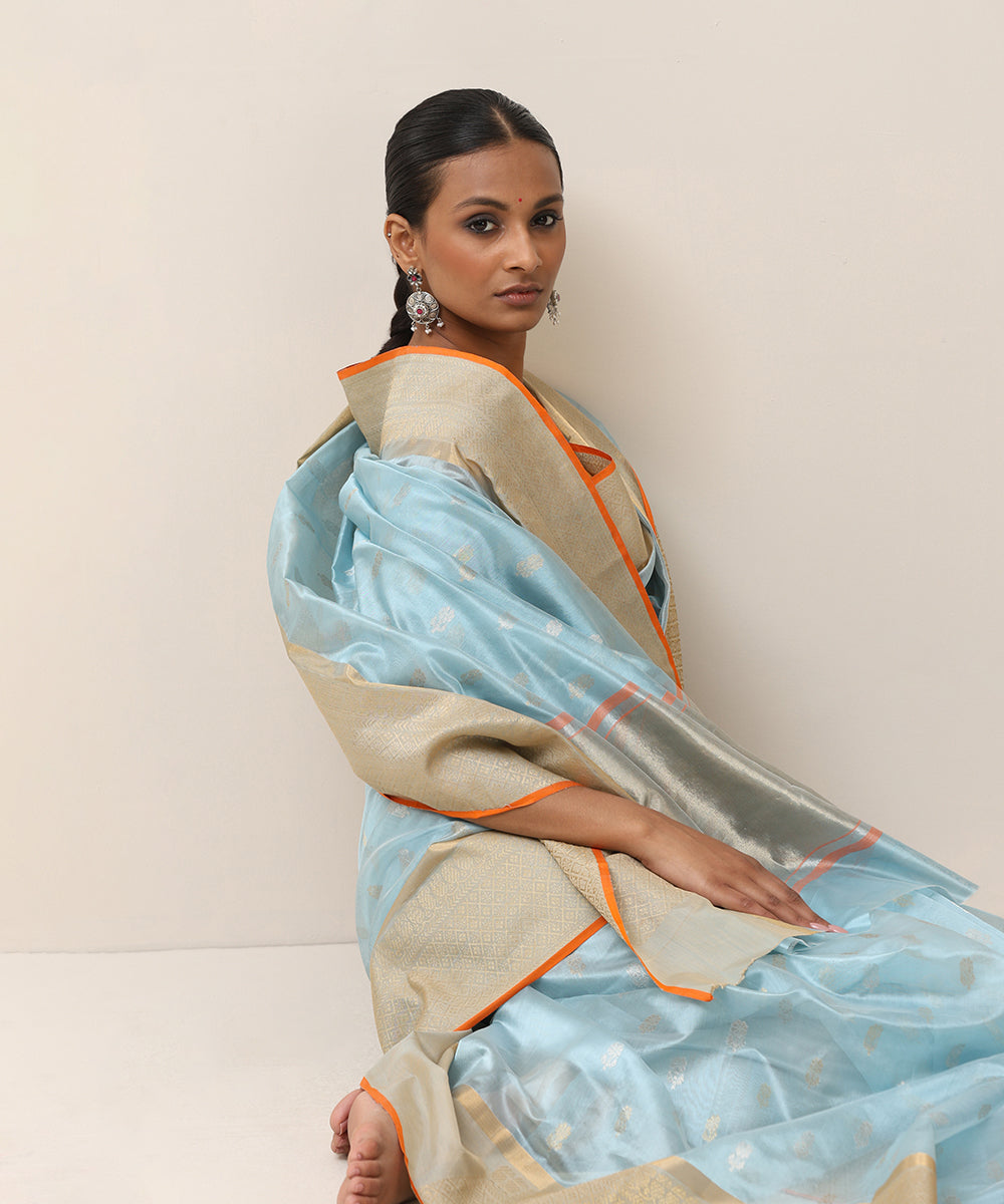 Handloom_Ice_Blue_Pure_Silk_Chanderi_Saree_With_Silver_And_Golden_Zari_Bootas_WeaverStory_02