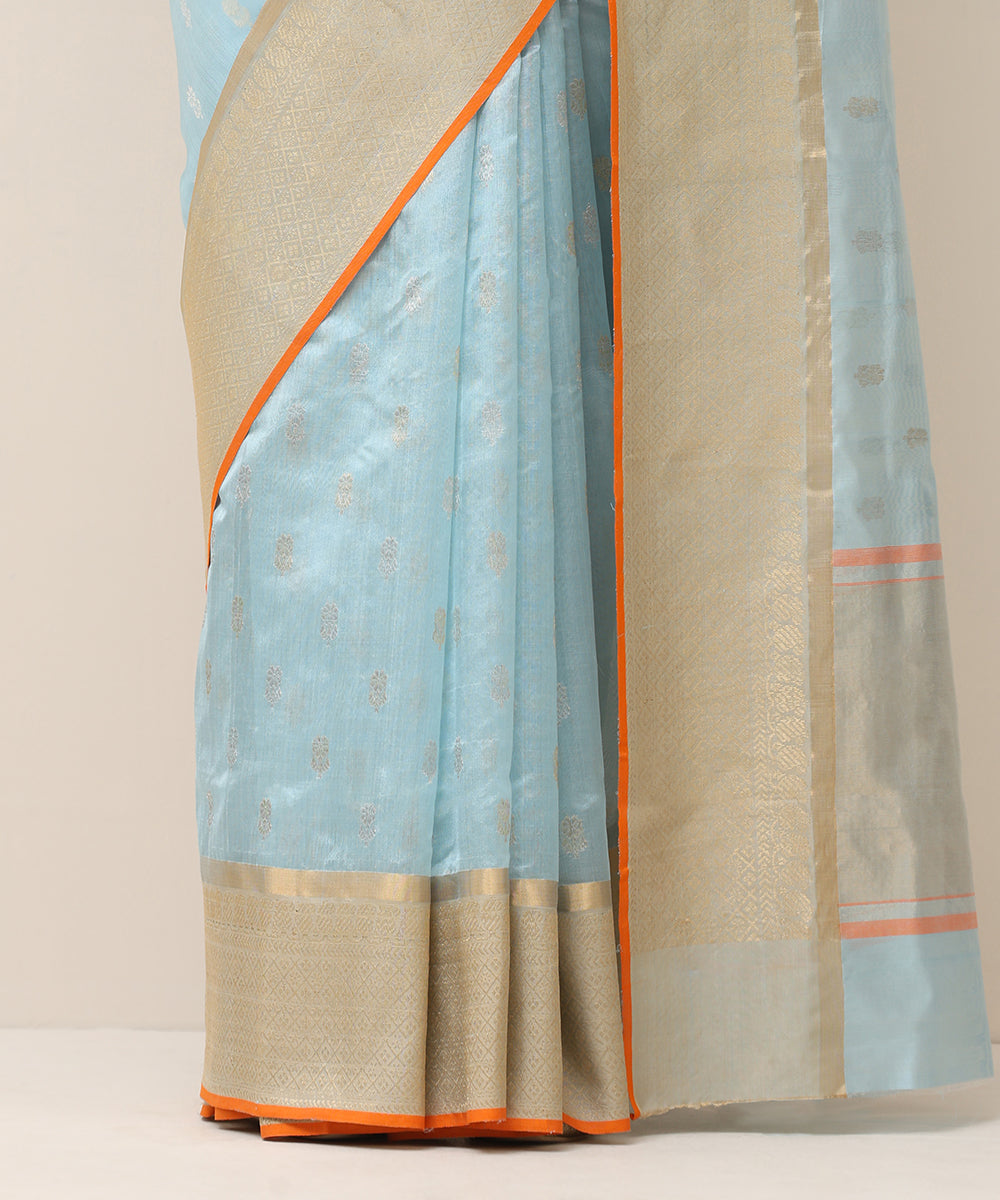 Handloom_Ice_Blue_Pure_Silk_Chanderi_Saree_With_Silver_And_Golden_Zari_Bootas_WeaverStory_04