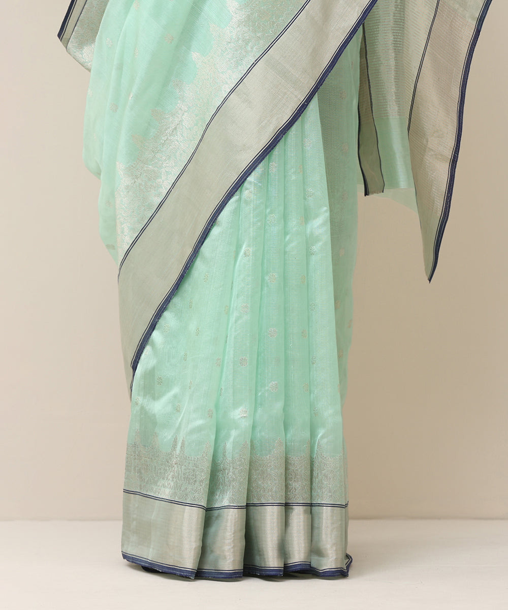 Aqua_Green_Handloom_Pure_Silk_Chanderi_Saree_With_Silver_Zari_Bootas_And_Blue_Selvedge_WeaverStory_04