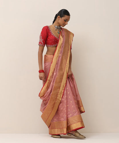 Rose_Pink_Handloom_Silk_Chanderi_Saree_With_Golden_Ginni_Booti_And_Red_Selvedge_WeaverStory_01