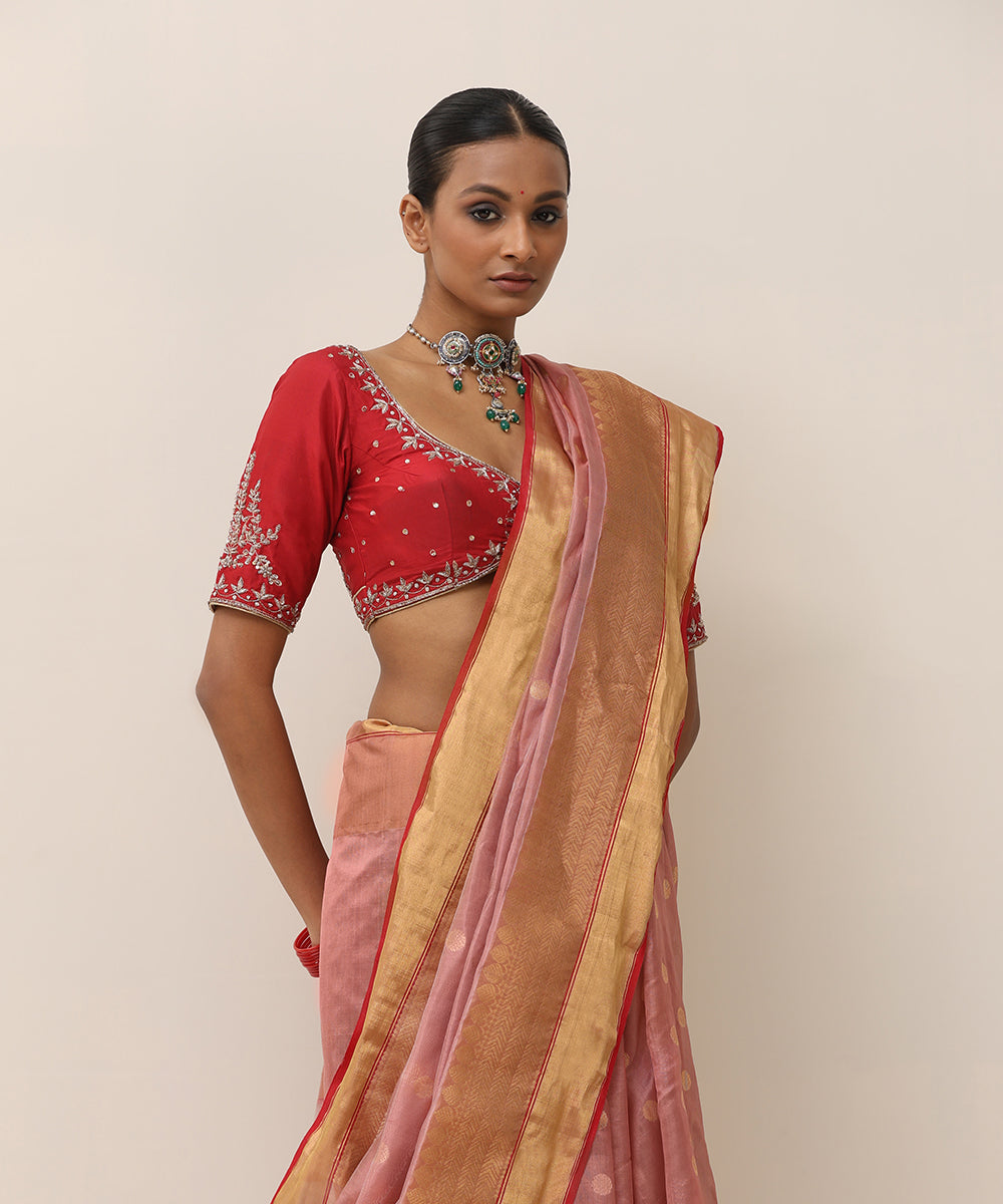 Rose_Pink_Handloom_Silk_Chanderi_Saree_With_Golden_Ginni_Booti_And_Red_Selvedge_WeaverStory_02