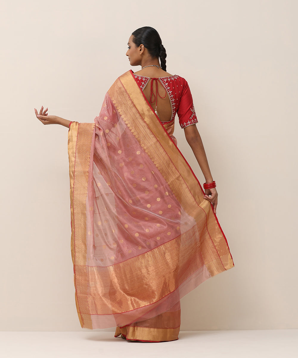 Rose_Pink_Handloom_Silk_Chanderi_Saree_With_Golden_Ginni_Booti_And_Red_Selvedge_WeaverStory_03