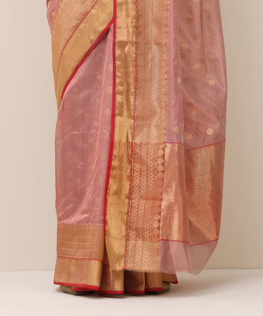 Rose_Pink_Handloom_Silk_Chanderi_Saree_With_Golden_Ginni_Booti_And_Red_Selvedge_WeaverStory_04