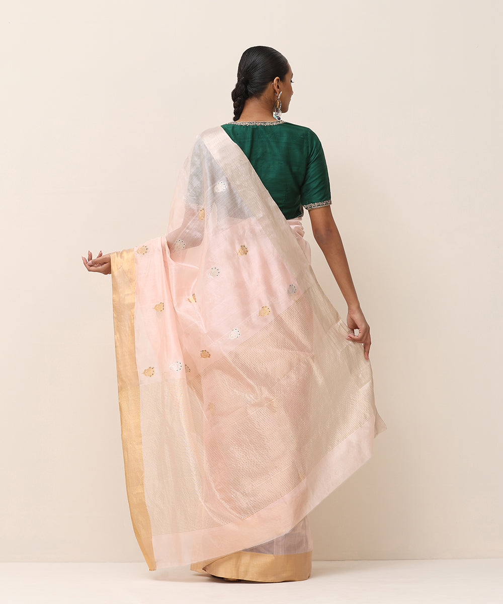 Handloom_Beige_Pure_Silk_Chanderi_Saree_With_Flower_Boota_And_Dark_Green_Meenakari_WeaverStory_03