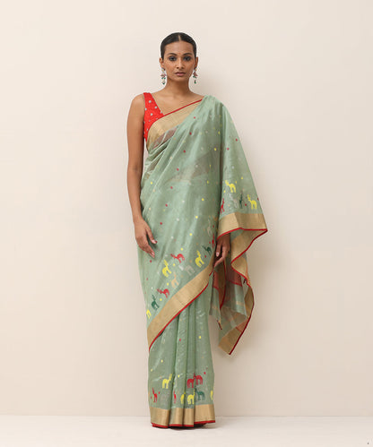 Sage_Green_Handloom_Pure_Silk_Chanderi_Saree_With_Multicolor_Deer_Motifs_WeaverStory_01