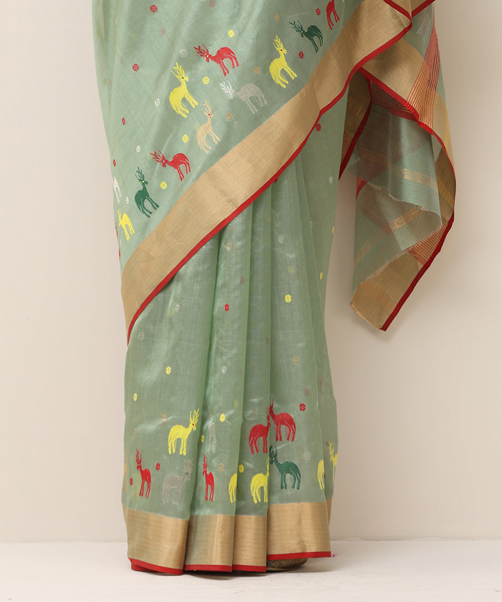 Sage_Green_Handloom_Pure_Silk_Chanderi_Saree_With_Multicolor_Deer_Motifs_WeaverStory_05