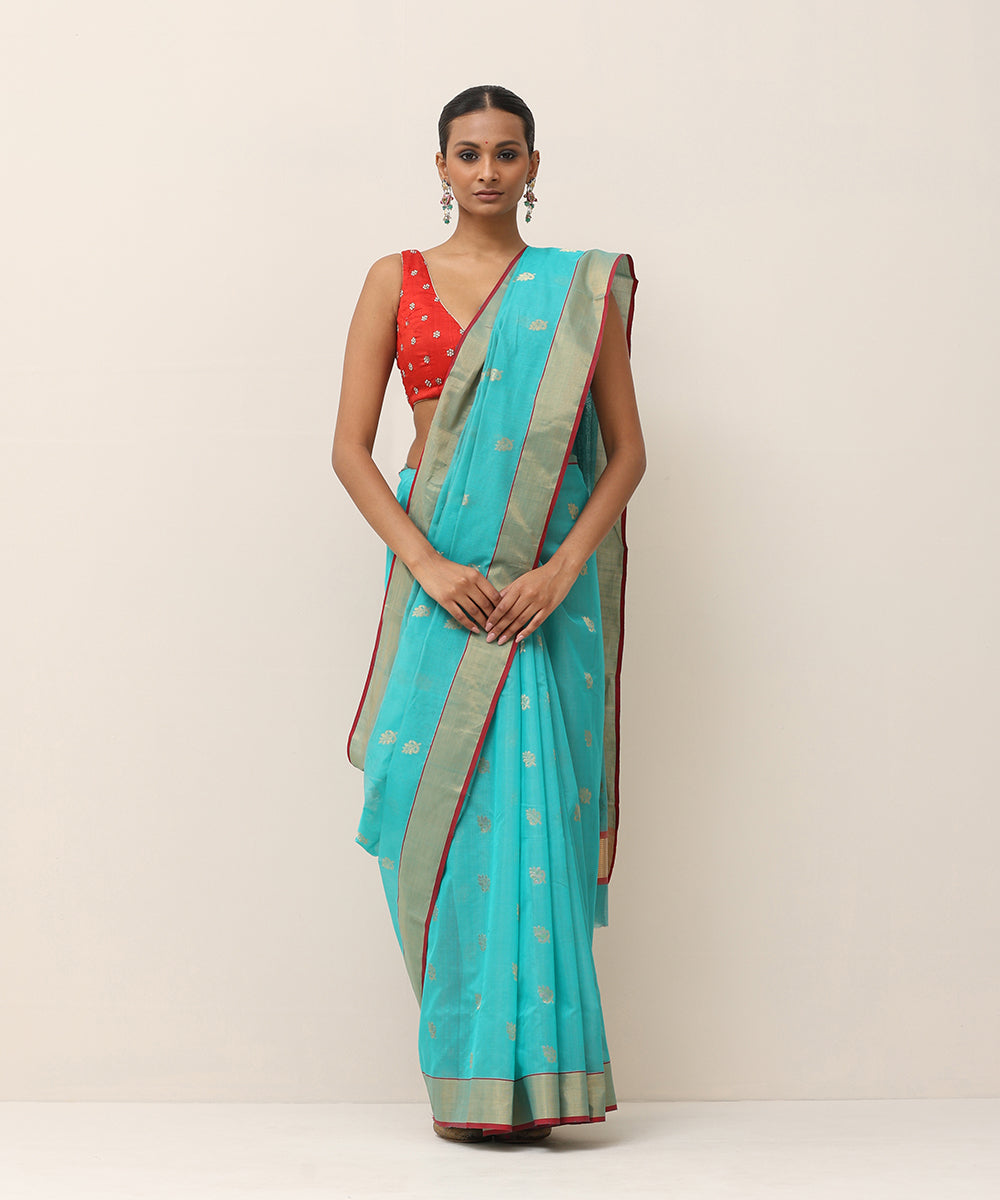 Handloom_Turquoise_Pure_Cotton_Chanderi_Saree_With_Golden_Boota_And_Red_Selvedge_WeaverStory_01