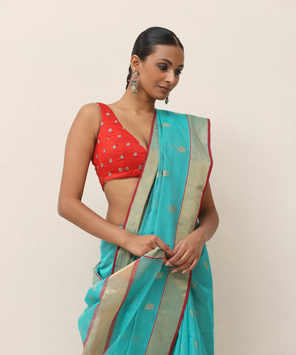 Handloom_Turquoise_Pure_Cotton_Chanderi_Saree_With_Golden_Boota_And_Red_Selvedge_WeaverStory_02