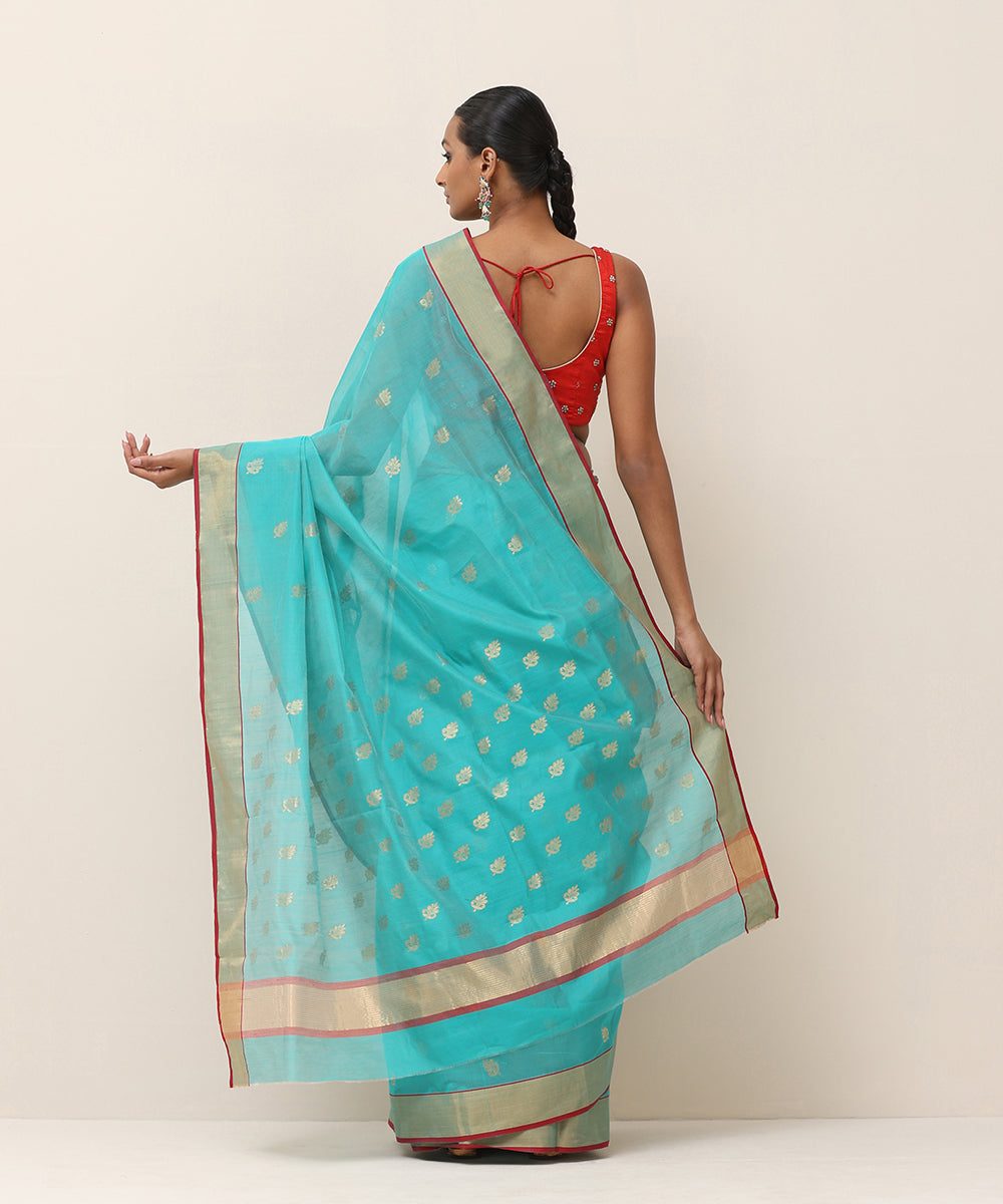 Handloom_Turquoise_Pure_Cotton_Chanderi_Saree_With_Golden_Boota_And_Red_Selvedge_WeaverStory_03