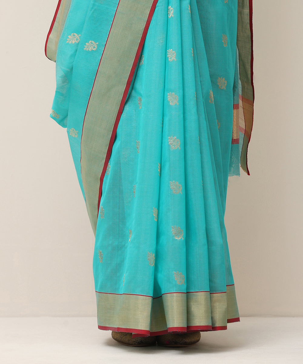 Handloom_Turquoise_Pure_Cotton_Chanderi_Saree_With_Golden_Boota_And_Red_Selvedge_WeaverStory_04