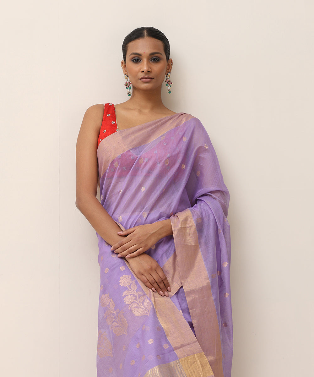 Lavender_Handloom_Pure_Cotton_Chanderi_Saree_With_Golden_Flower_Boota_WeaverStory_02