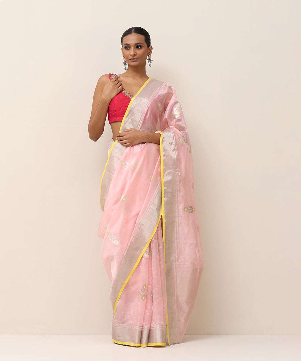 Handloom_Pink_Pure_Silk_Chanderi_Saree_With_Silver_Flower_Boota_With_Yellow_Meenakari_WeaverStory_01