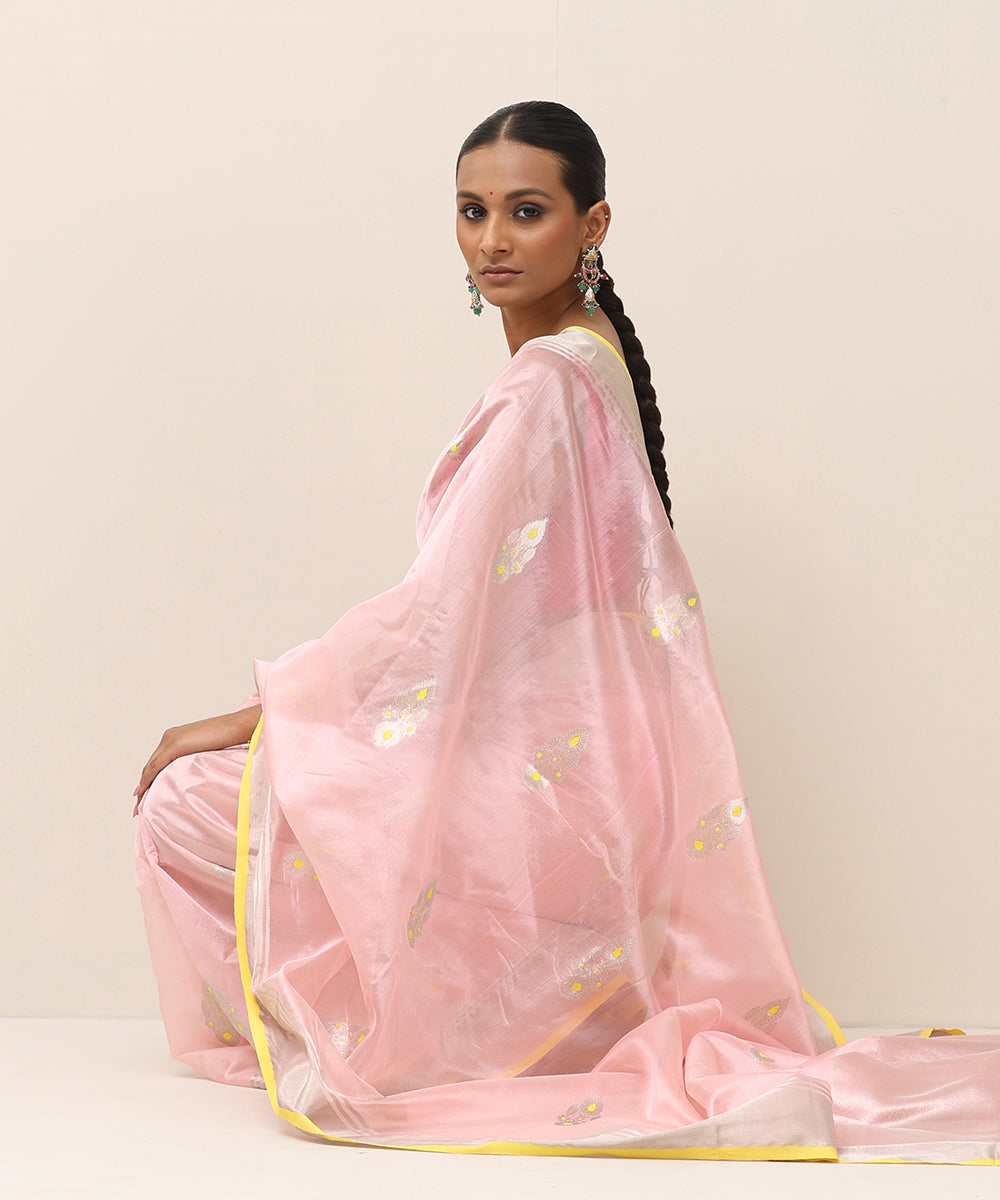 Handloom_Pink_Pure_Silk_Chanderi_Saree_With_Silver_Flower_Boota_With_Yellow_Meenakari_WeaverStory_02