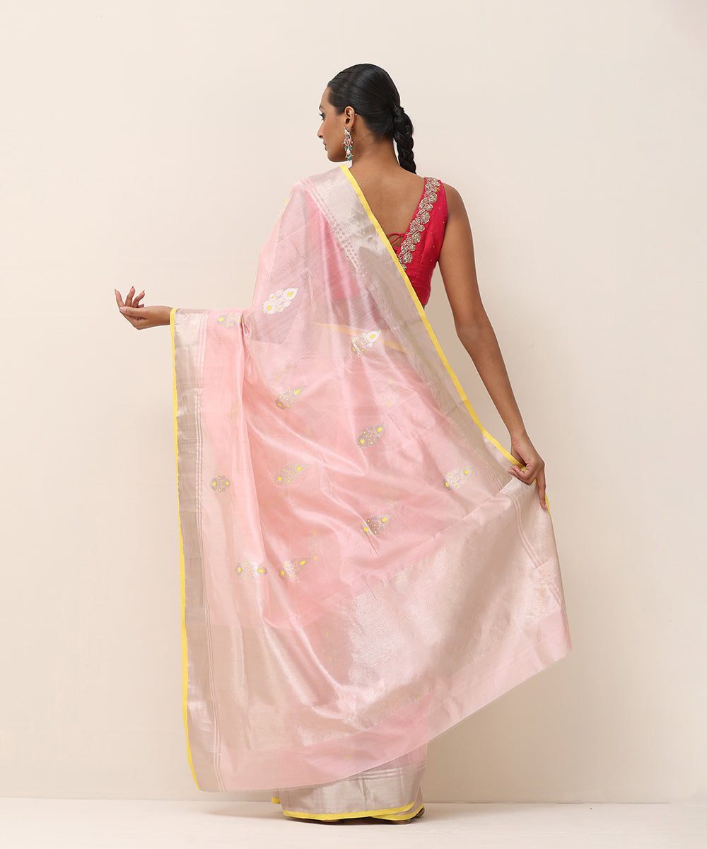 Handloom_Pink_Pure_Silk_Chanderi_Saree_With_Silver_Flower_Boota_With_Yellow_Meenakari_WeaverStory_03