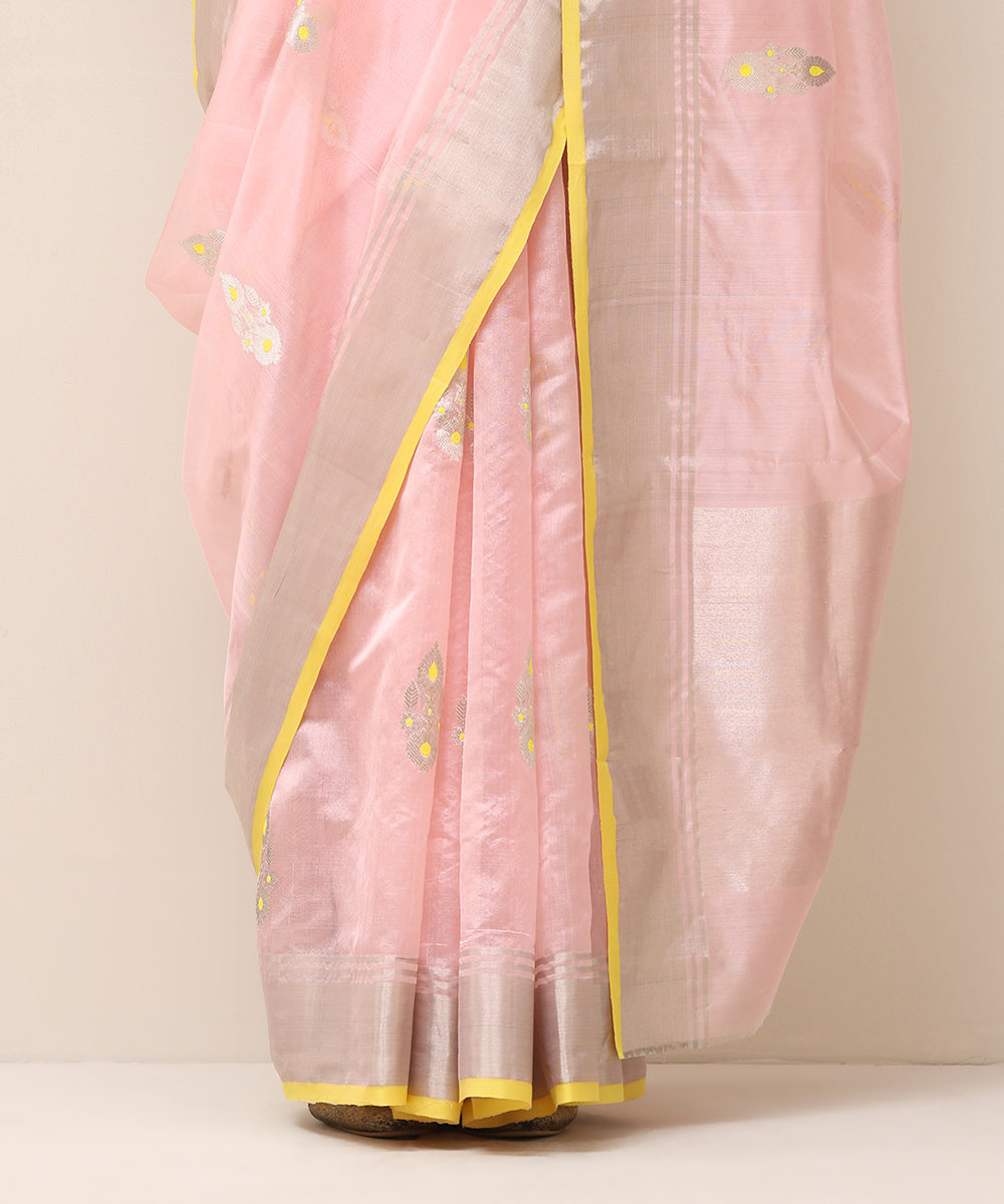 Handloom_Pink_Pure_Silk_Chanderi_Saree_With_Silver_Flower_Boota_With_Yellow_Meenakari_WeaverStory_04