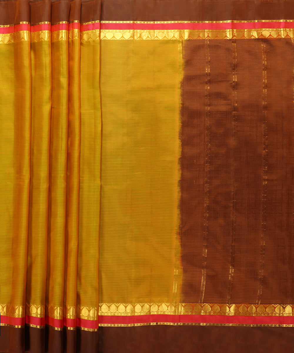 Mustard And Brown Handloom Pure Silk Kanjivaram Saree With Pink Thin Border