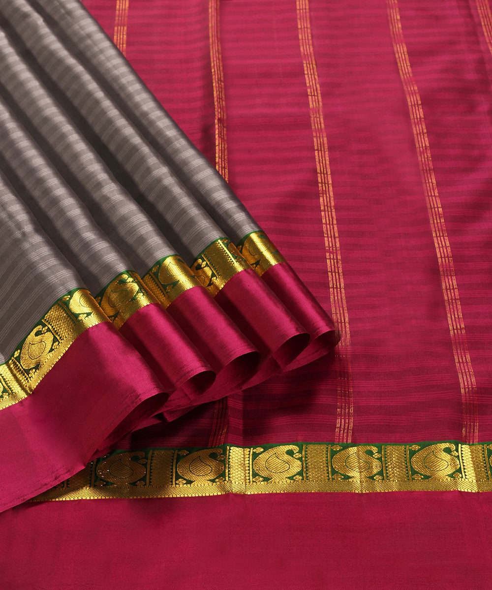 Handloom Grey Pure Silk Kanjivaram Saree With Wine Border