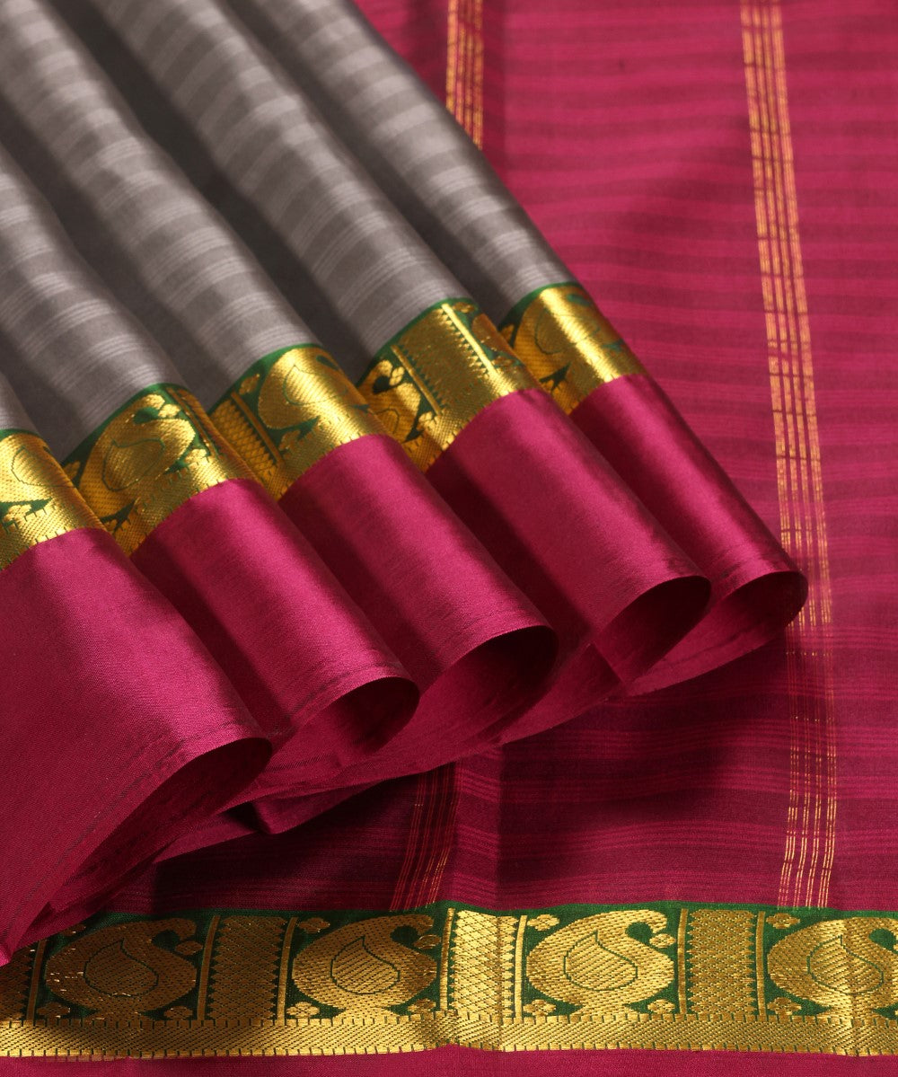 Handloom Grey Pure Silk Kanjivaram Saree With Wine Border