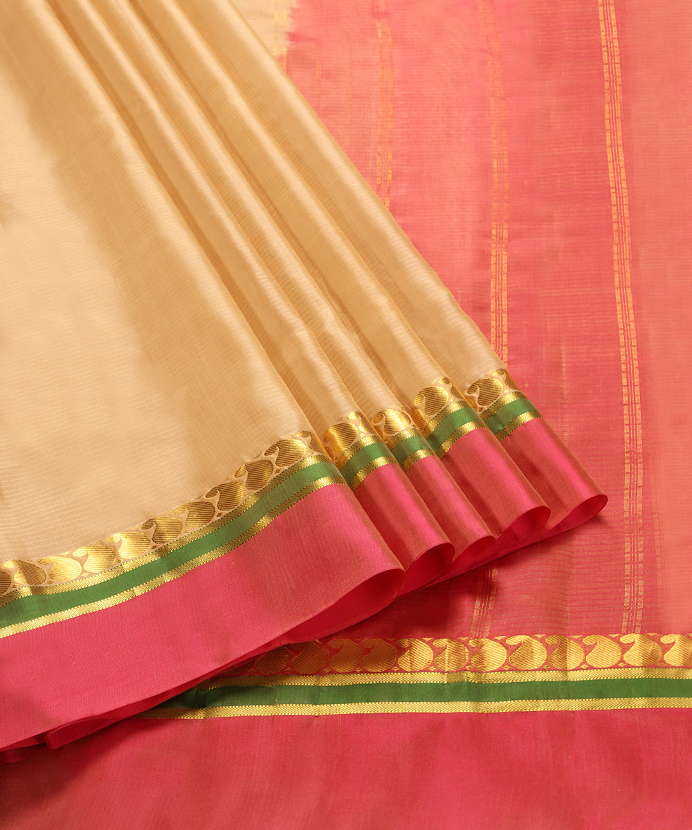 Handloom_Beige_Pure_Silk_Kanjivaram_Saree_With_Green_And_Pink_Border_WeaverStory_01