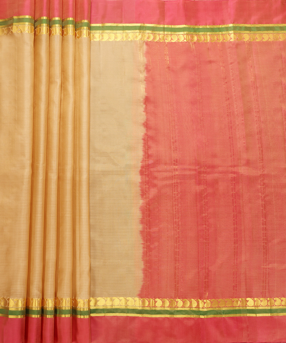 Handloom_Beige_Pure_Silk_Kanjivaram_Saree_With_Green_And_Pink_Border_WeaverStory_02