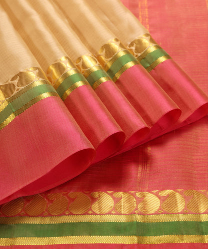 Handloom_Beige_Pure_Silk_Kanjivaram_Saree_With_Green_And_Pink_Border_WeaverStory_04