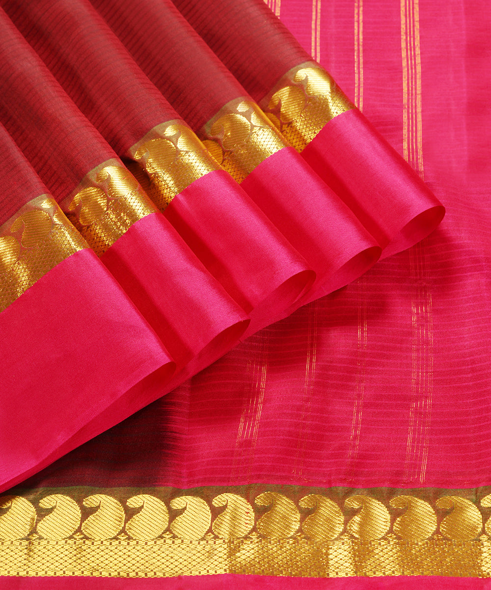 Wine_Handloom_Pure_Silk_Kanjivaram_Saree_With_Paisley_And_Pink_Border_WeaverStory_04