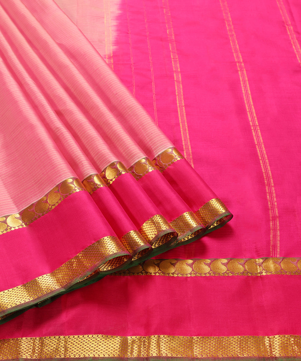 Handloom_Pink_Pure_Silk_Striped_Kanjivaram_Saree_With_Green_Paisley_Border_WeaverStory_01