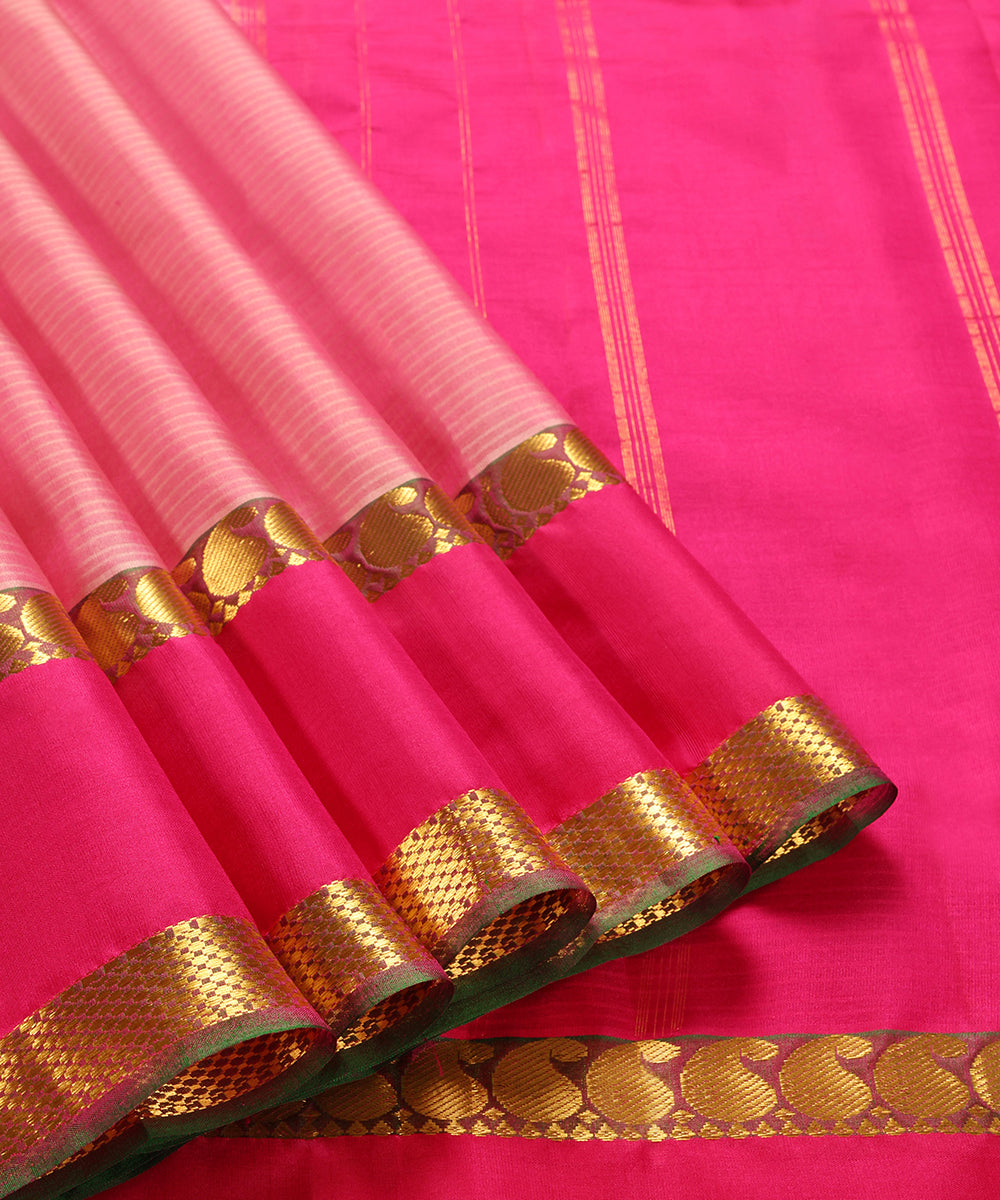 Handloom_Pink_Pure_Silk_Striped_Kanjivaram_Saree_With_Green_Paisley_Border_WeaverStory_04