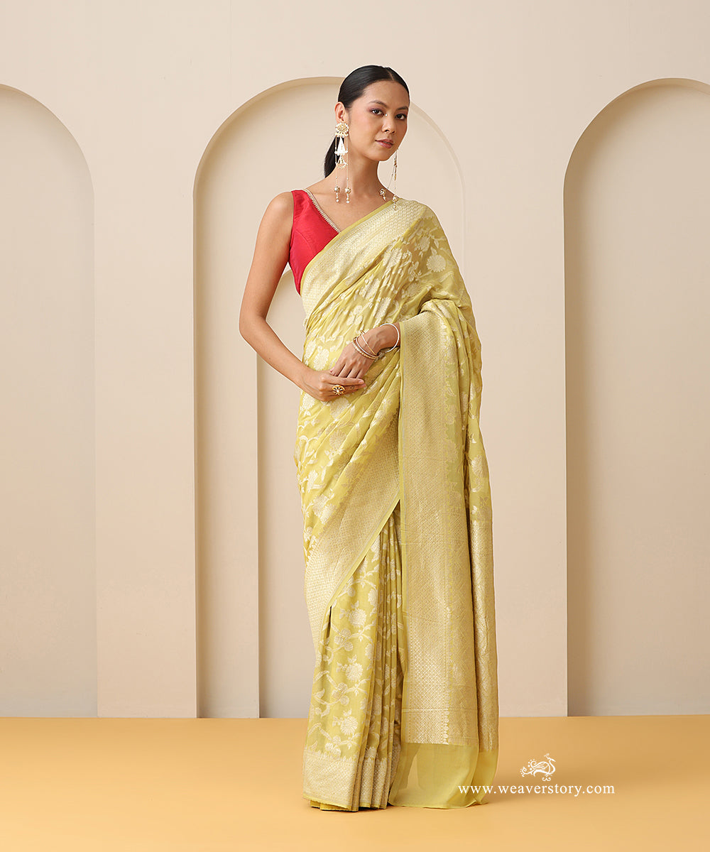 Yellow_Handloom_Georgette_Cutwork_Saree_With_Floral_Jaal_And_Gold_Zari_Border_WeaverStory_01