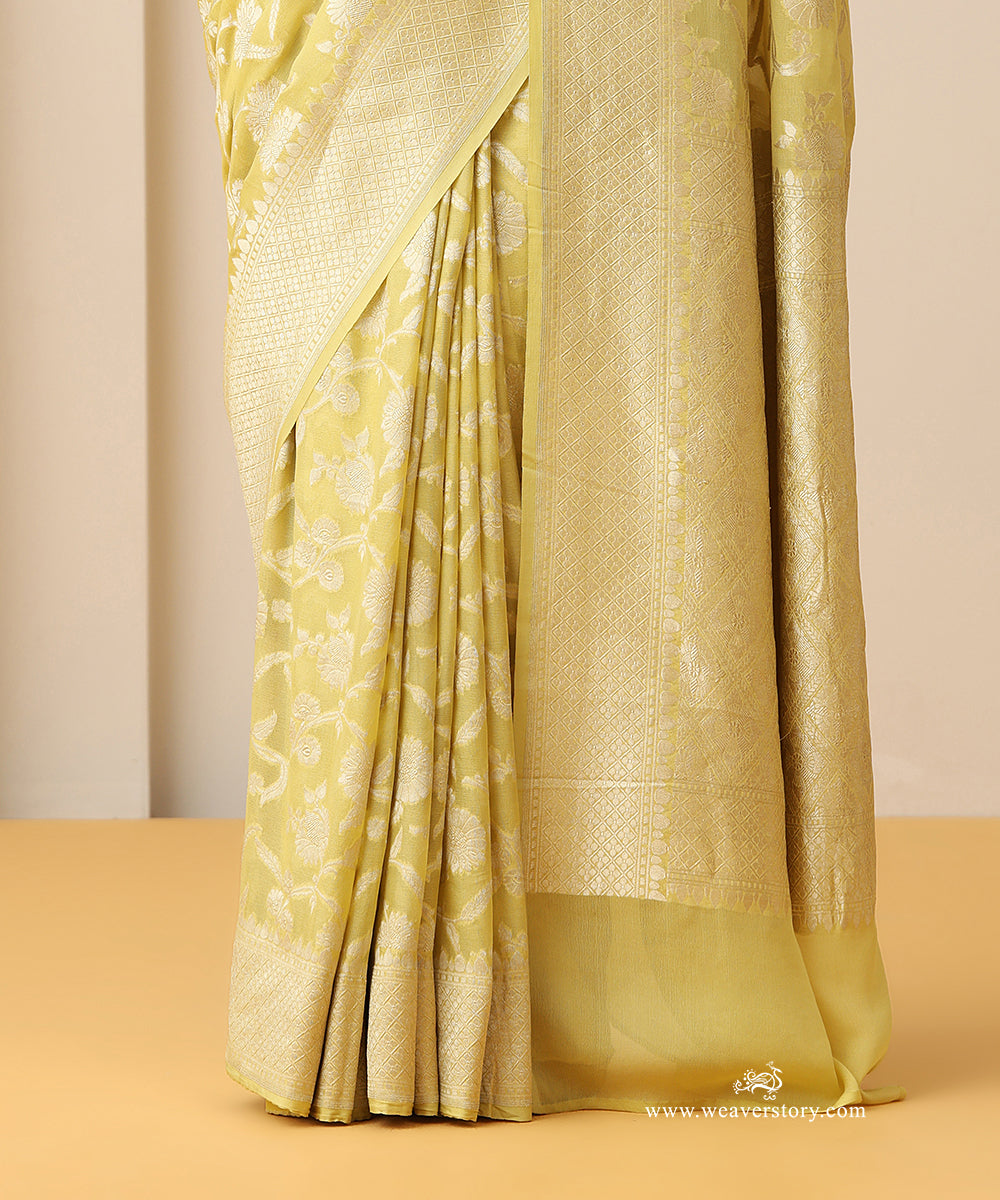 Yellow_Handloom_Georgette_Cutwork_Saree_With_Floral_Jaal_And_Gold_Zari_Border_WeaverStory_04
