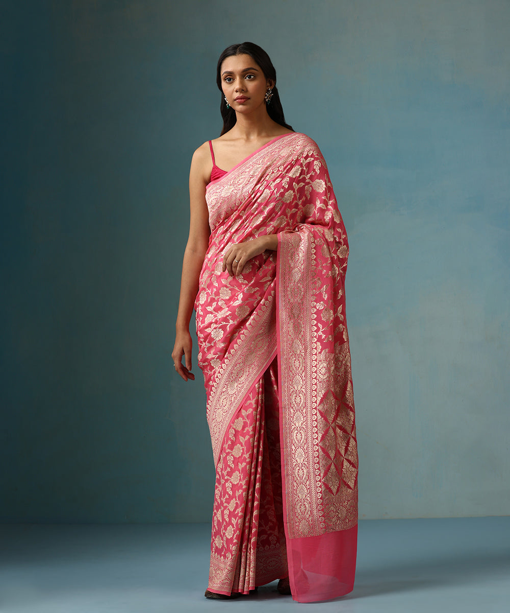 Handloom_Pink_Pure_Georgette_Banarasi_Saree_With_Allover_Cutwork_Jaal_WeaverStory_01